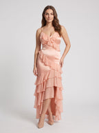 Blushing Pink Satin Mermaid V-Neck Back Zip Floor-Length Dress with Cascading Ruffles - Curvevia