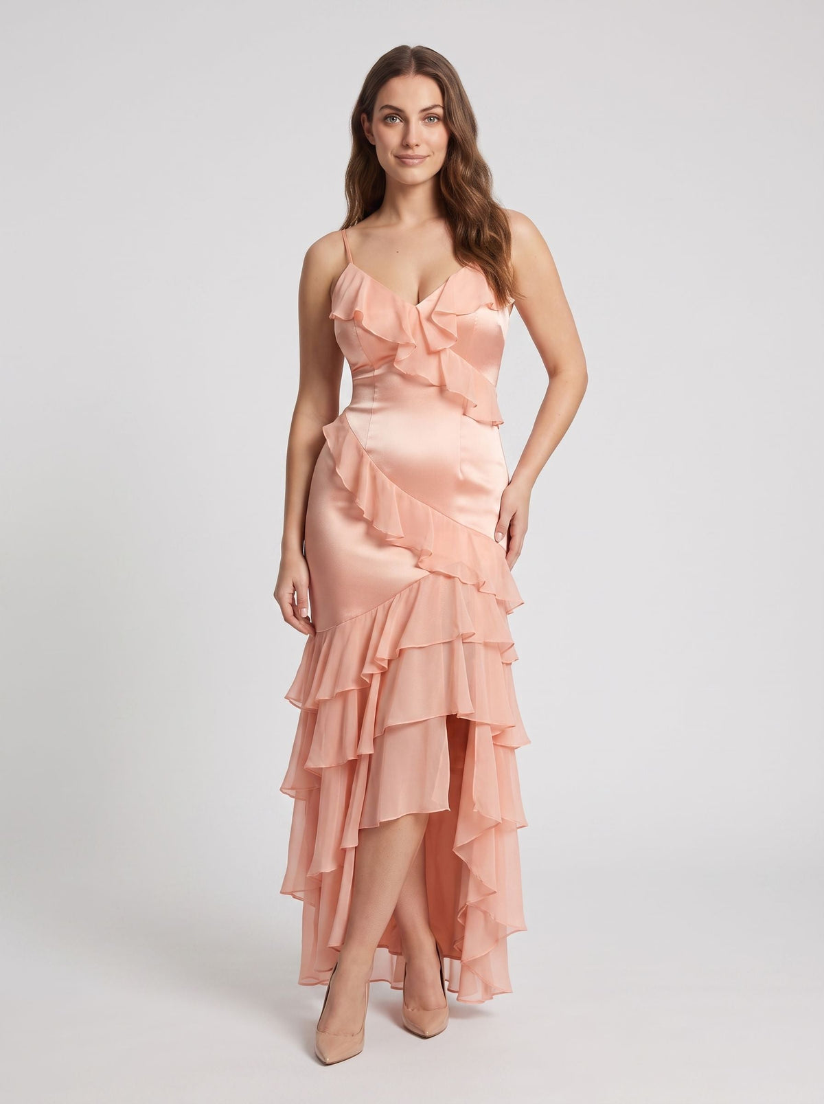Blushing Pink Satin Mermaid V-Neck Back Zip Floor-Length Dress with Cascading Ruffles - Curvevia