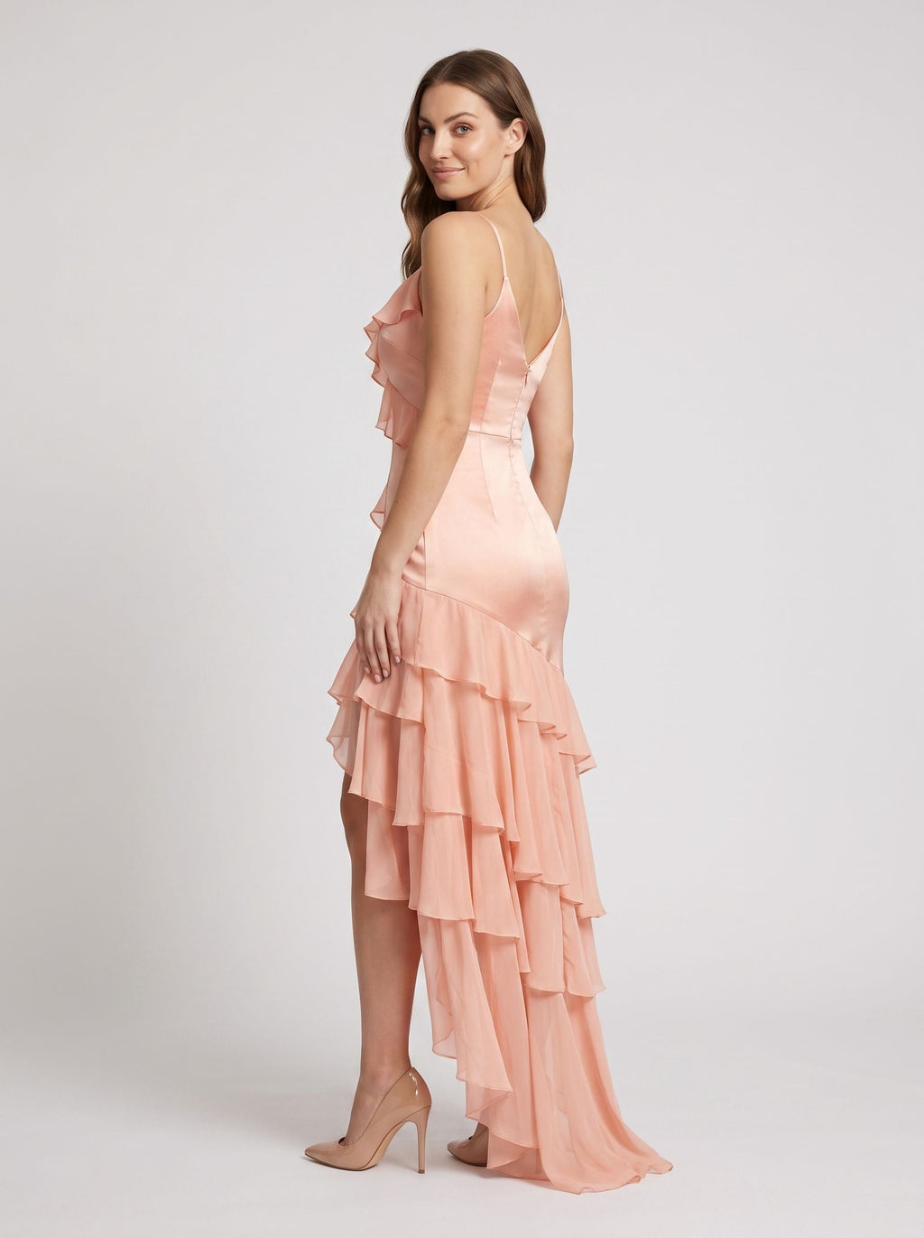 Blushing Pink Satin Mermaid V-Neck Back Zip Floor-Length Dress with Cascading Ruffles - Curvevia