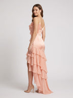 Blushing Pink Satin Mermaid V-Neck Back Zip Floor-Length Dress with Cascading Ruffles - Curvevia