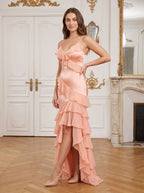 Blushing Pink Satin Mermaid V-Neck Back Zip Floor-Length Dress with Cascading Ruffles - Curvevia