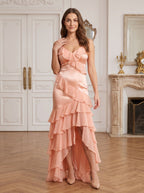 Blushing Pink Satin Mermaid V-Neck Back Zip Floor-Length Dress with Cascading Ruffles - Curvevia