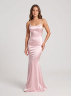 Blushing Pink Satin Mermaid Scoop Neck Criss-Cross Straps Floor-Length Dress with Cascading Ruffles - Curvevia