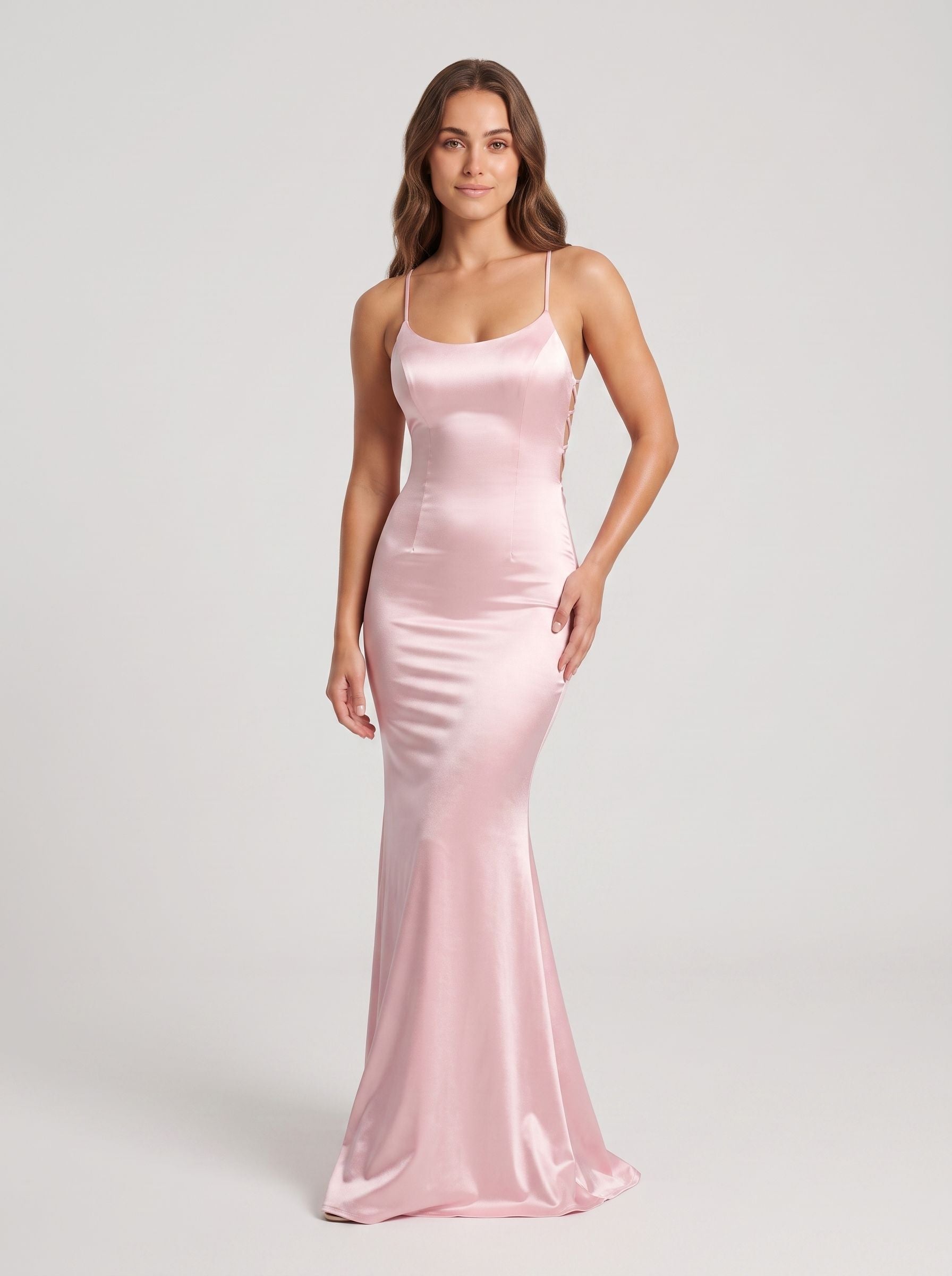 Blushing Pink Satin Mermaid Scoop Neck Criss-Cross Straps Floor-Length Dress with Cascading Ruffles - Curvevia