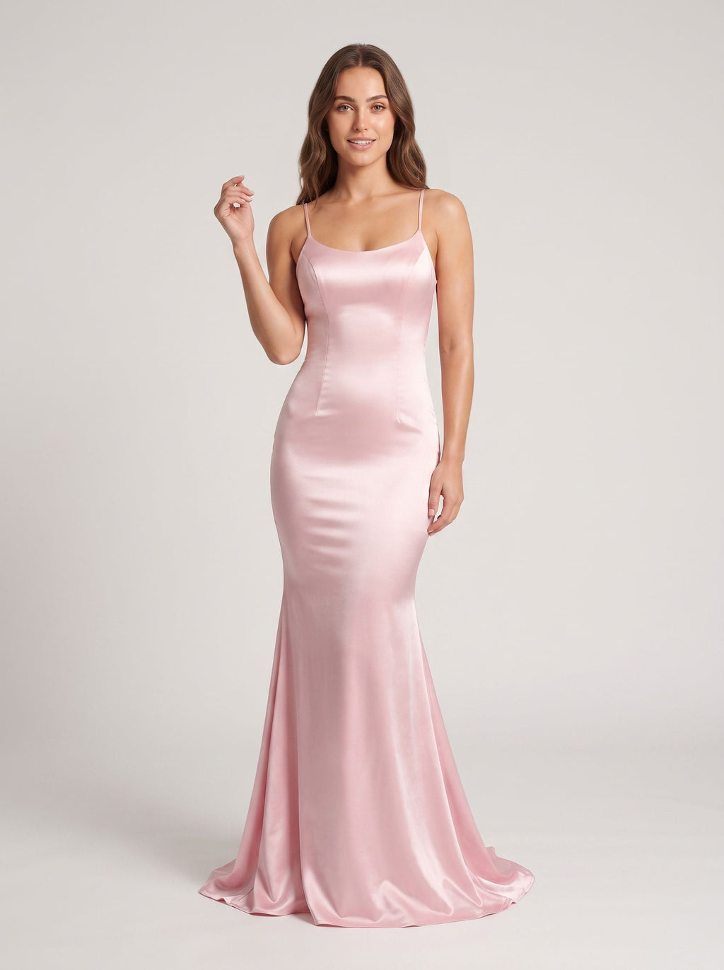 Blushing Pink Satin Mermaid Scoop Neck Criss-Cross Straps Floor-Length Dress with Cascading Ruffles - Curvevia