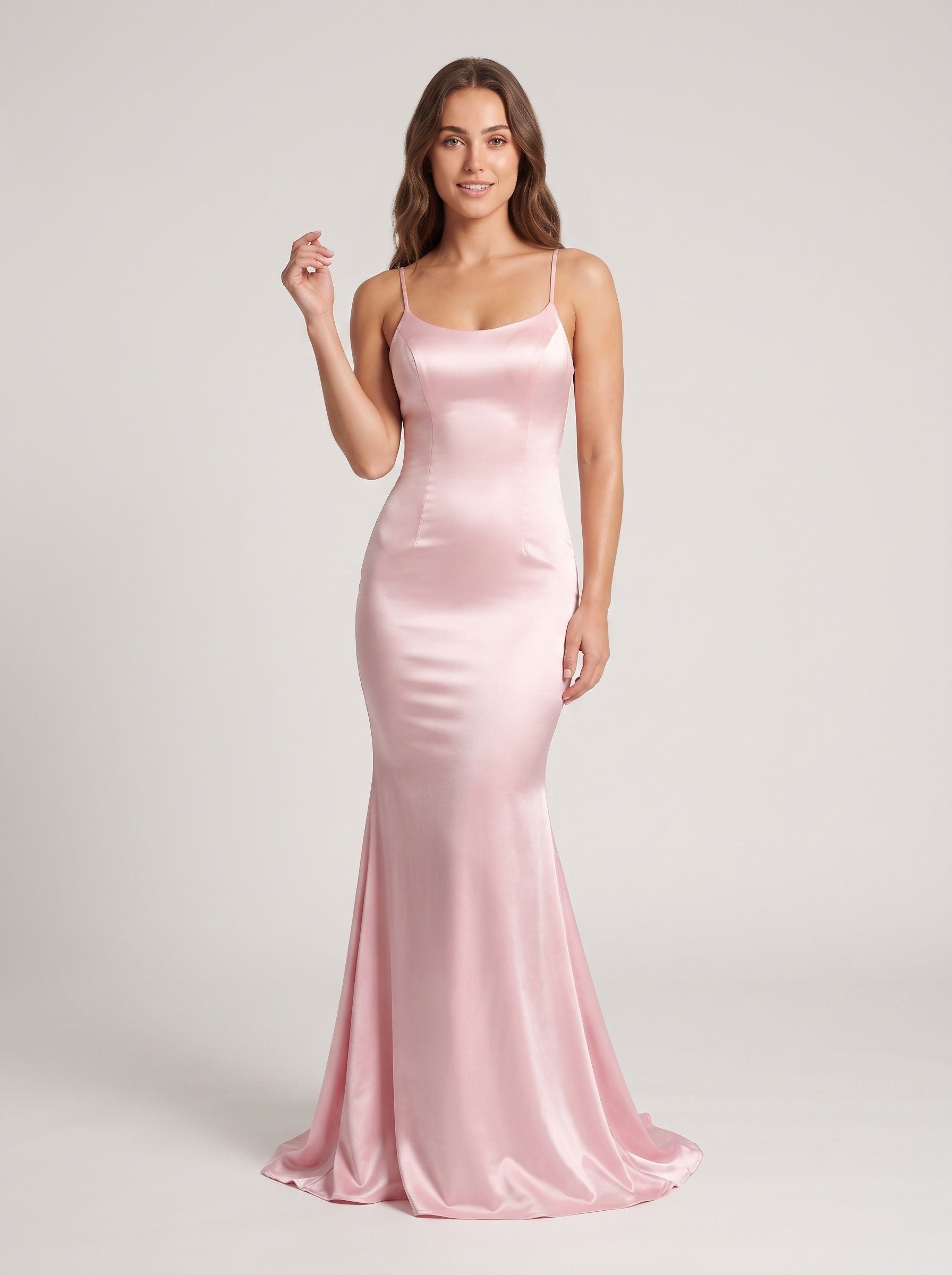 Blushing Pink Satin Mermaid Scoop Neck Criss-Cross Straps Floor-Length Dress with Cascading Ruffles - Curvevia