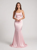 Blushing Pink Satin Mermaid Scoop Neck Criss-Cross Straps Floor-Length Dress with Cascading Ruffles - Curvevia