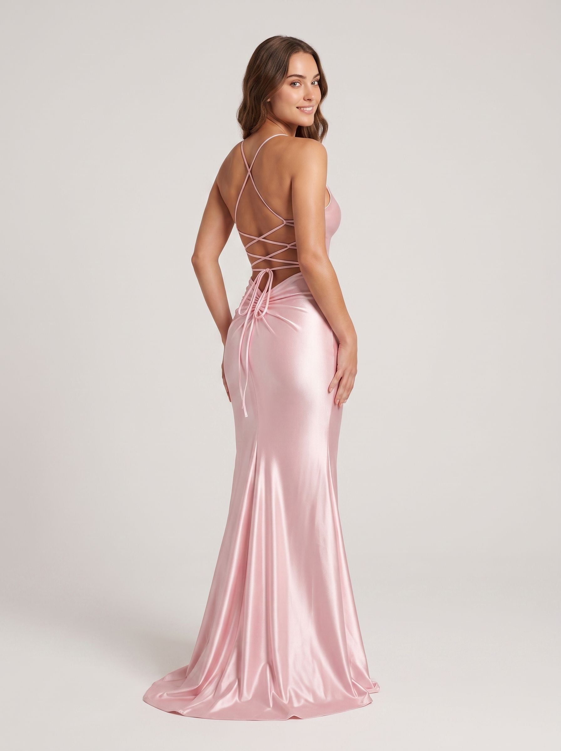 Blushing Pink Satin Mermaid Scoop Neck Criss-Cross Straps Floor-Length Dress with Cascading Ruffles - Curvevia
