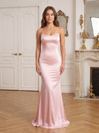 Blushing Pink Satin Mermaid Scoop Neck Criss-Cross Straps Floor-Length Dress with Cascading Ruffles - Curvevia