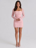 Petal Tulle Sheath Square Neck Back Zip Short Dress with Pearls - Curvevia