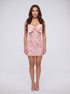 Petal Satin Column Sweetheart Back Zip Short Dress with Bow - Curvevia