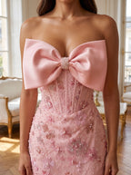 Petal Satin Column Sweetheart Back Zip Short Dress with Bow - Curvevia