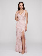 Blushing Pink Sequins Sheath V-Neck V-Back Floor-Length Dress with High Slit - Curvevia