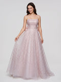 Blushing Pink Sequins A-Line Square Neck Bow Floor-Length Dress with Spaghetti Straps - Curvevia