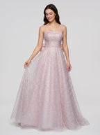 Blushing Pink Sequins A-Line Square Neck Bow Floor-Length Dress with Spaghetti Straps - Curvevia