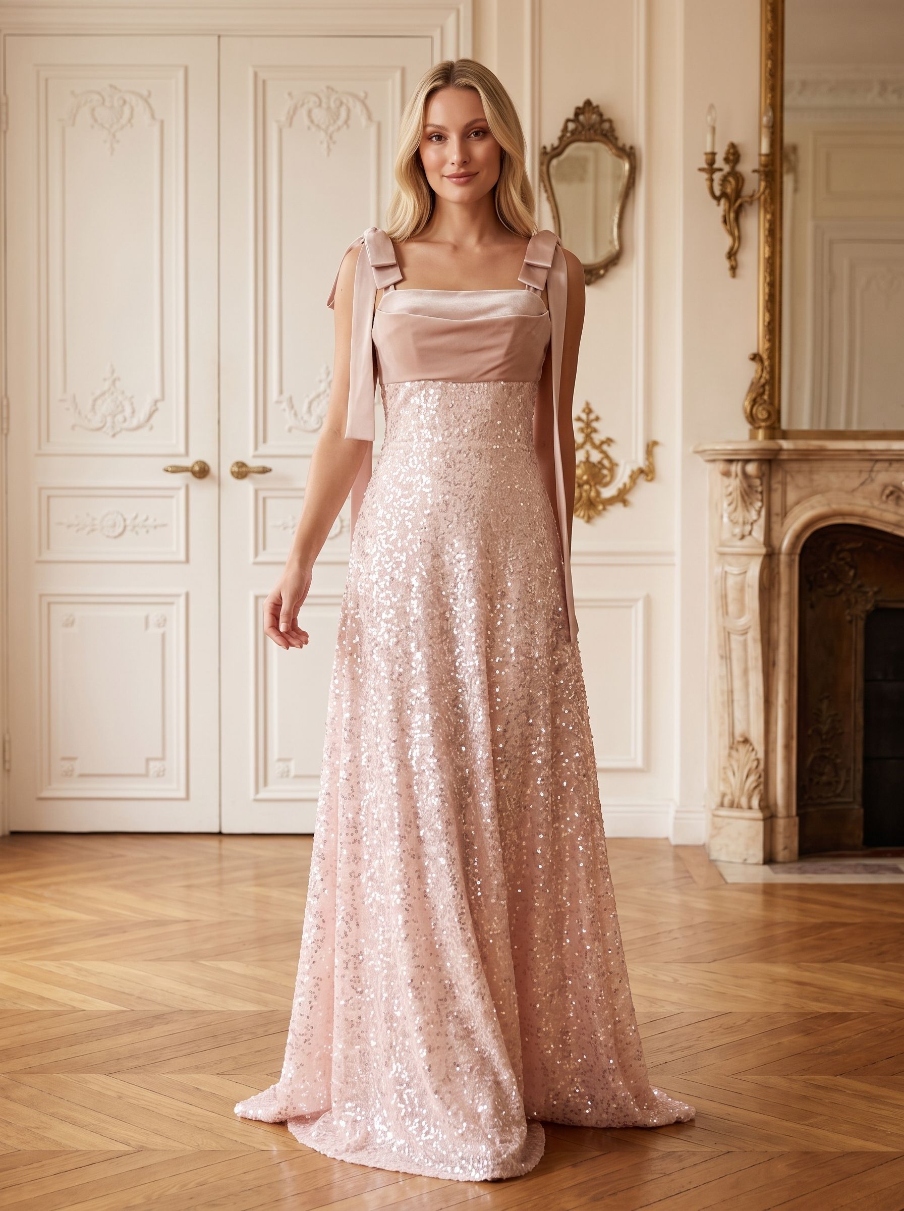 Blushing Pink Sequins A-Line Square Neck Back Zip Floor-Length Dress with Spaghetti Straps - Curvevia