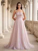 Blushing Pink Sequins A-Line Square Neck Bow Floor-Length Dress with Spaghetti Straps - Curvevia