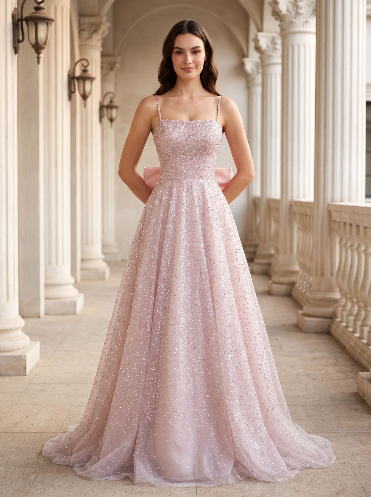 Blushing Pink Sequins A-Line Square Neck Bow Floor-Length Dress with Spaghetti Straps - Curvevia