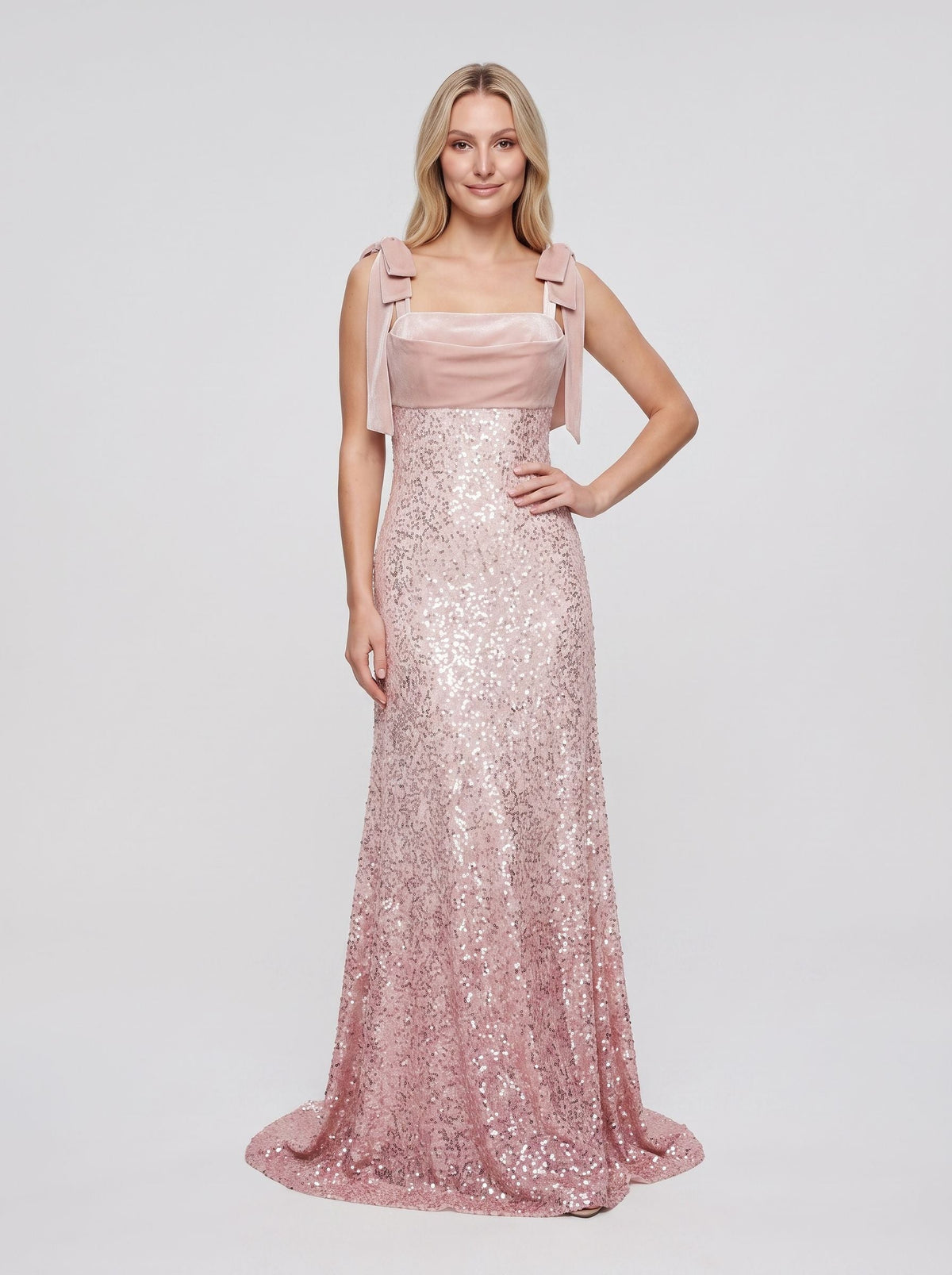 Blushing Pink Sequins A-Line Square Neck Back Zip Floor-Length Dress with Spaghetti Straps - Curvevia