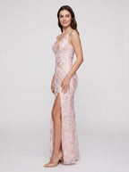 Blushing Pink Sequins Sheath V-Neck V-Back Floor-Length Dress with High Slit - Curvevia