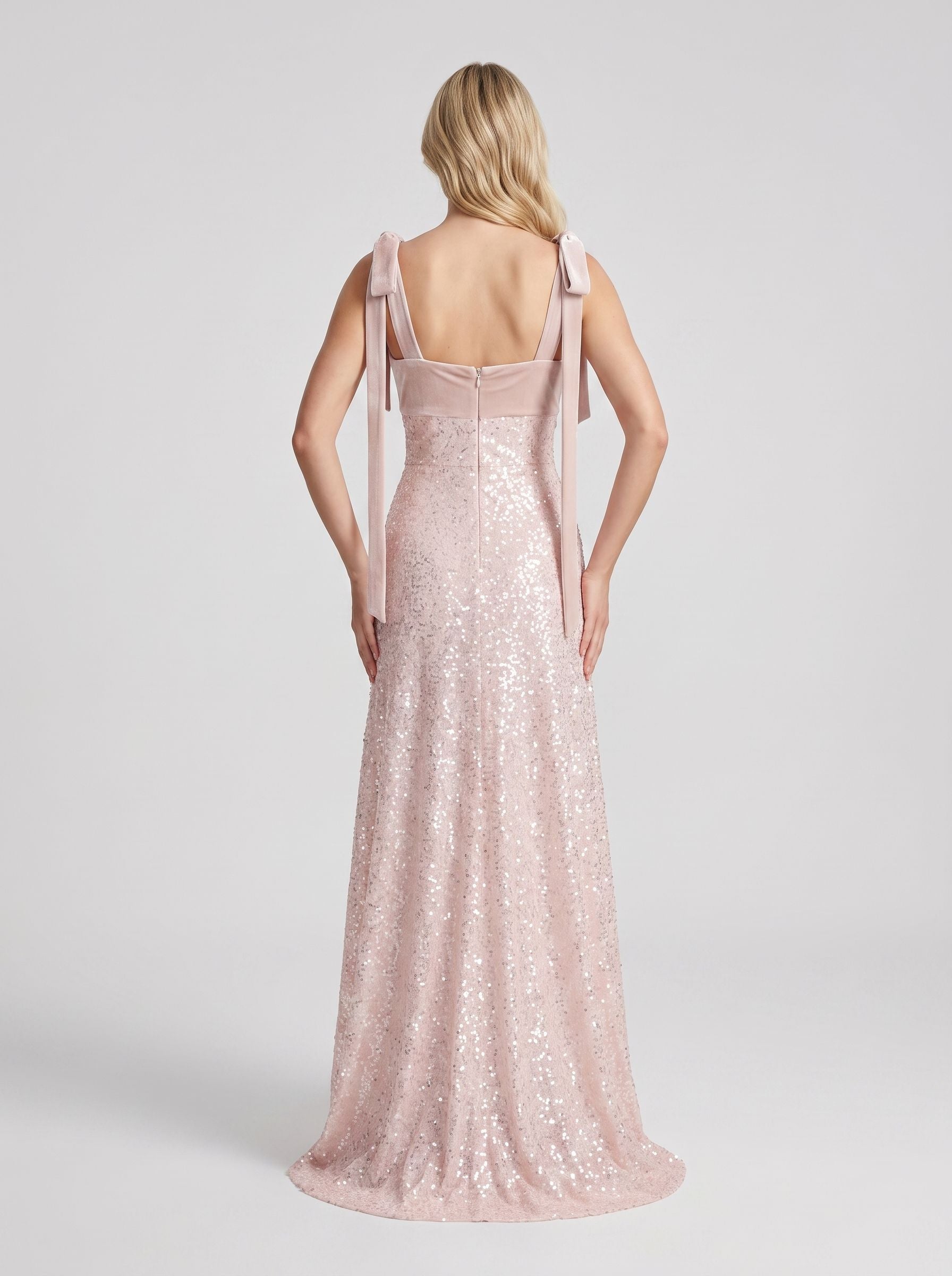 Blushing Pink Sequins A-Line Square Neck Back Zip Floor-Length Dress with Spaghetti Straps - Curvevia