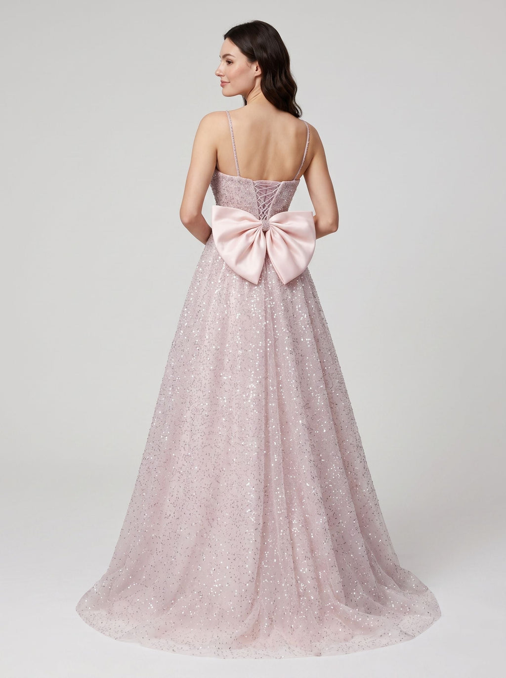 Blushing Pink Sequins A-Line Square Neck Bow Floor-Length Dress with Spaghetti Straps - Curvevia