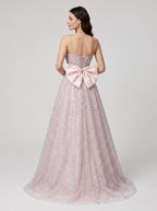 Blushing Pink Sequins A-Line Square Neck Bow Floor-Length Dress with Spaghetti Straps - Curvevia