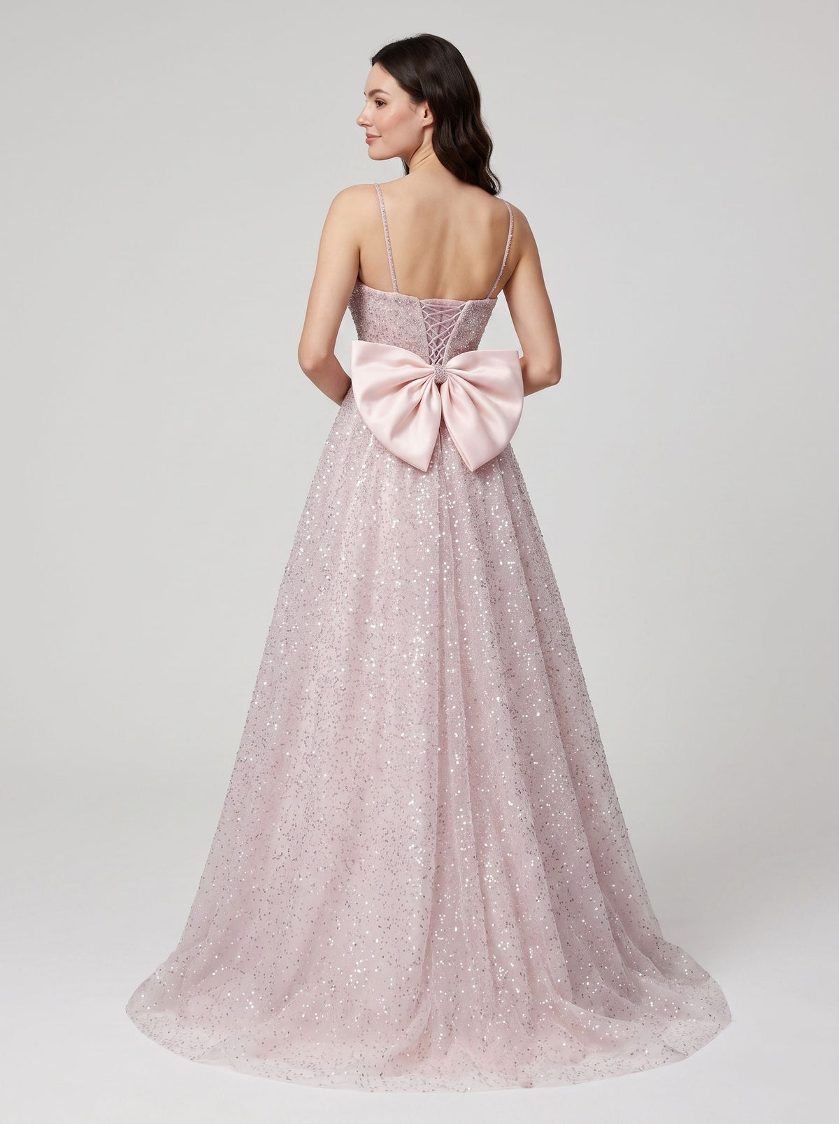 Blushing Pink Sequins A-Line Square Neck Bow Floor-Length Dress with Spaghetti Straps - Curvevia