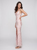 Blushing Pink Sequins Sheath V-Neck V-Back Floor-Length Dress with High Slit - Curvevia
