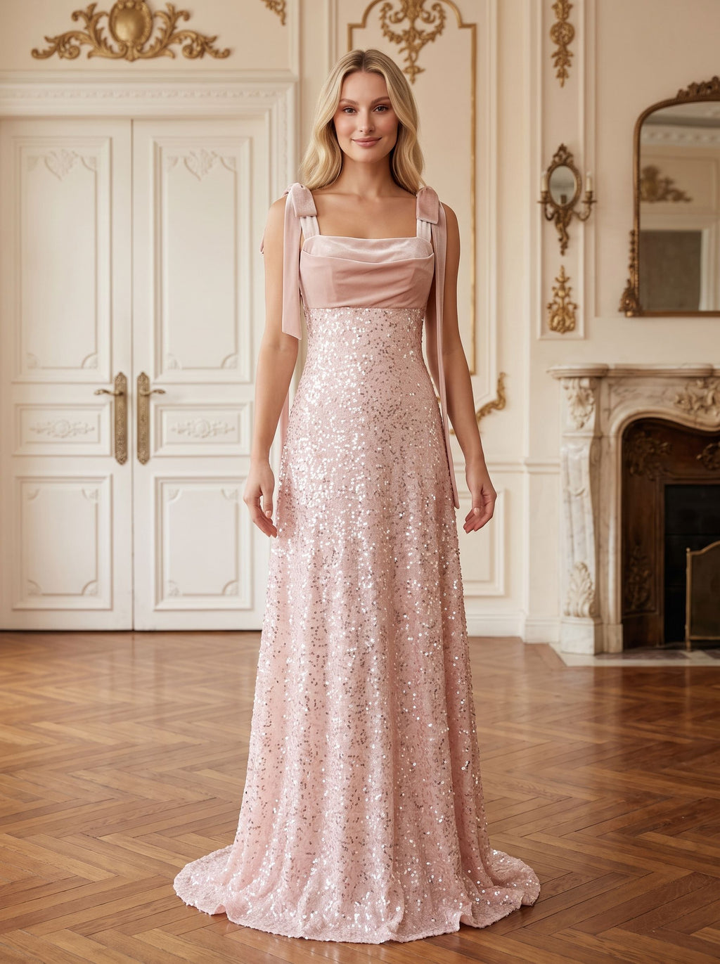 Blushing Pink Sequins A-Line Square Neck Back Zip Floor-Length Dress with Spaghetti Straps - Curvevia