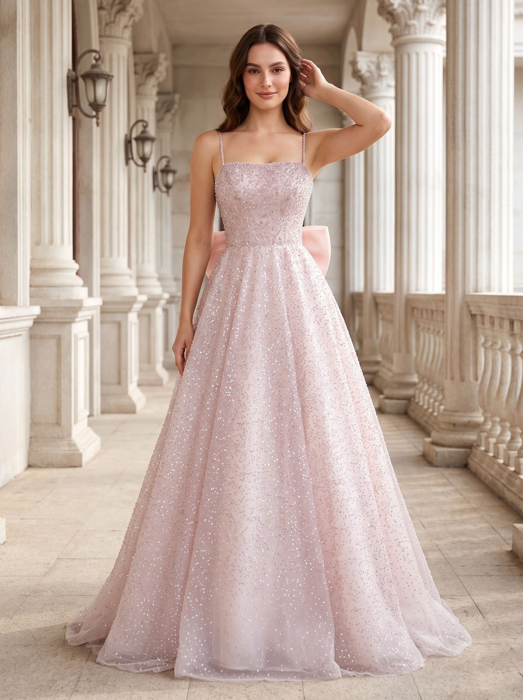 Blushing Pink Sequins A-Line Square Neck Bow Floor-Length Dress with Spaghetti Straps - Curvevia