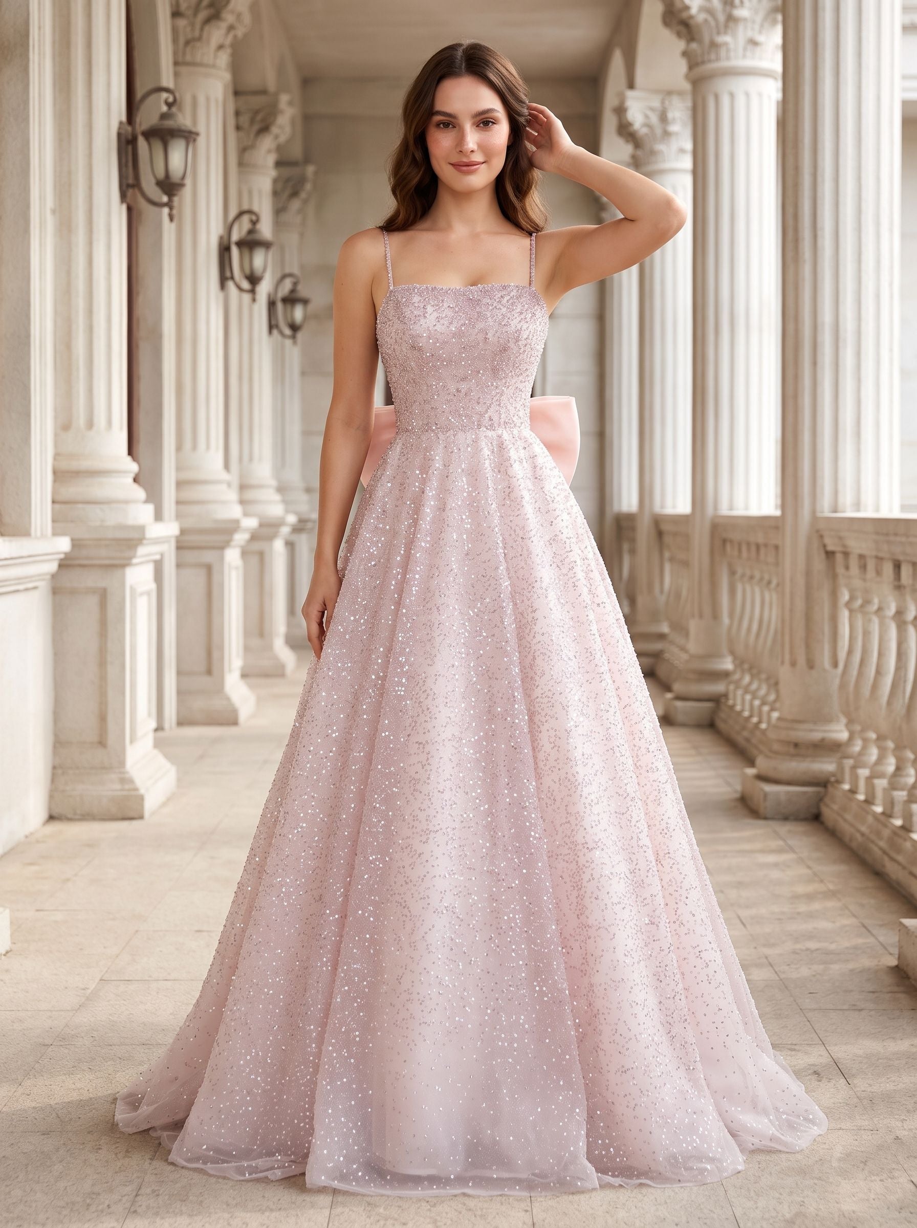Blushing Pink Sequins A-Line Square Neck Bow Floor-Length Dress with Spaghetti Straps - Curvevia