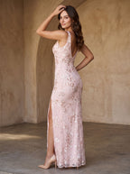 Blushing Pink Sequins Sheath V-Neck V-Back Floor-Length Dress with High Slit - Curvevia