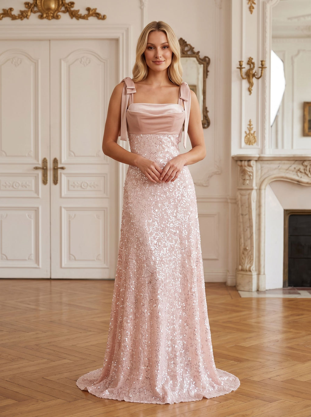 Blushing Pink Sequins A-Line Square Neck Back Zip Floor-Length Dress with Spaghetti Straps - Curvevia