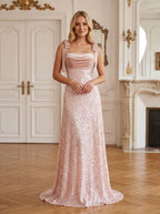 Blushing Pink Sequins A-Line Square Neck Back Zip Floor-Length Dress with Spaghetti Straps - Curvevia