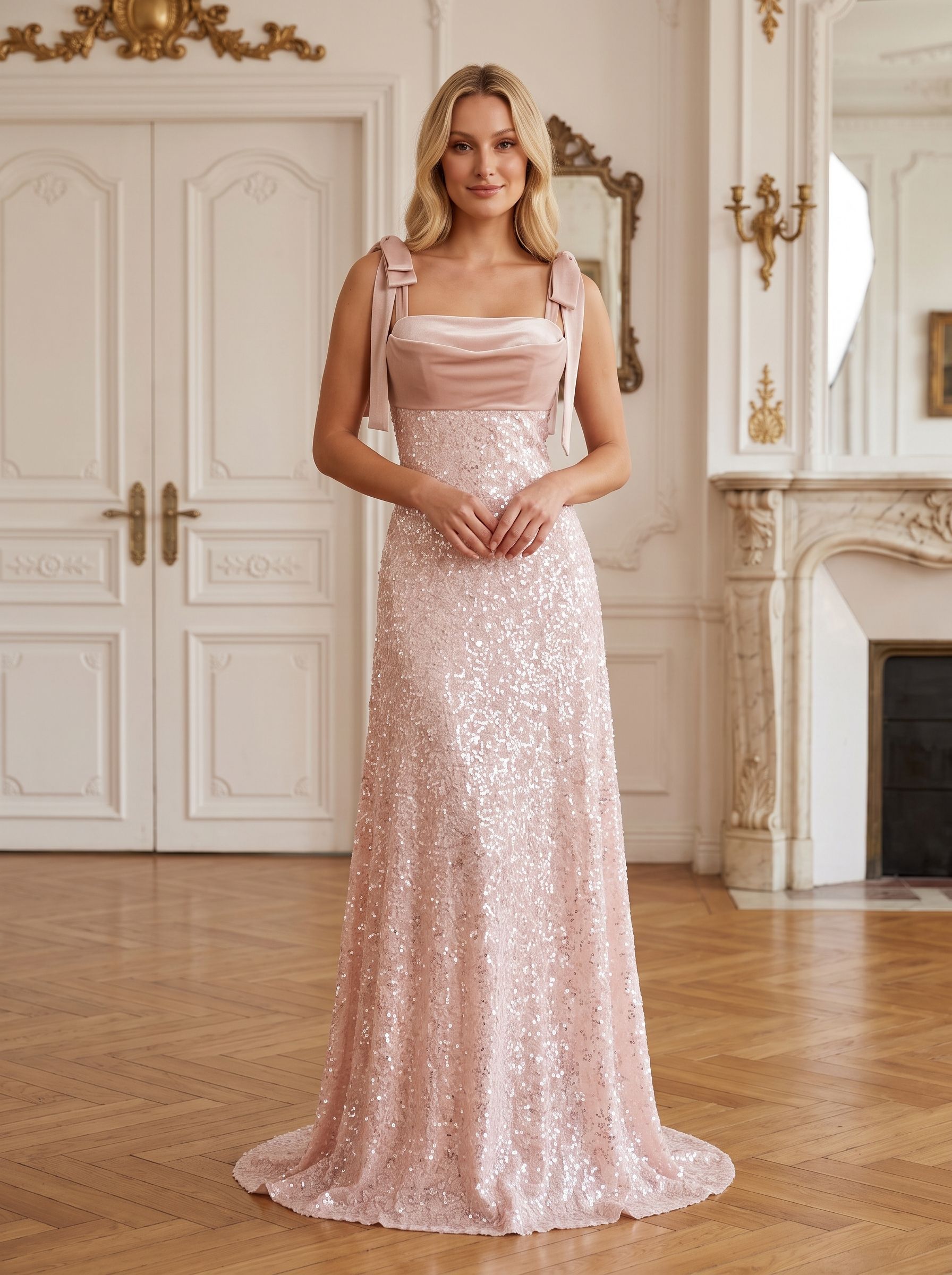 Blushing Pink Sequins A-Line Square Neck Back Zip Floor-Length Dress with Spaghetti Straps - Curvevia
