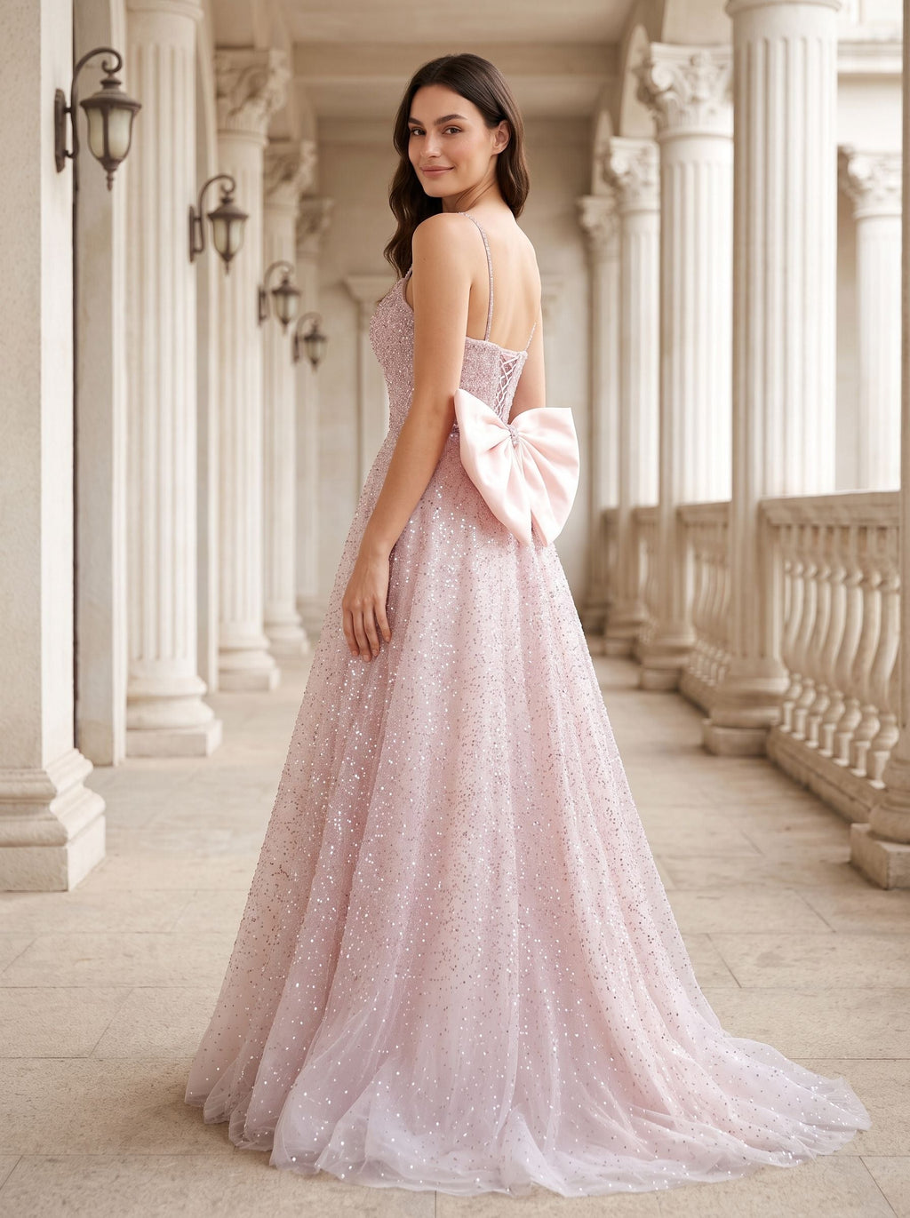 Blushing Pink Sequins A-Line Square Neck Bow Floor-Length Dress with Spaghetti Straps - Curvevia