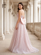 Blushing Pink Sequins A-Line Square Neck Bow Floor-Length Dress with Spaghetti Straps - Curvevia