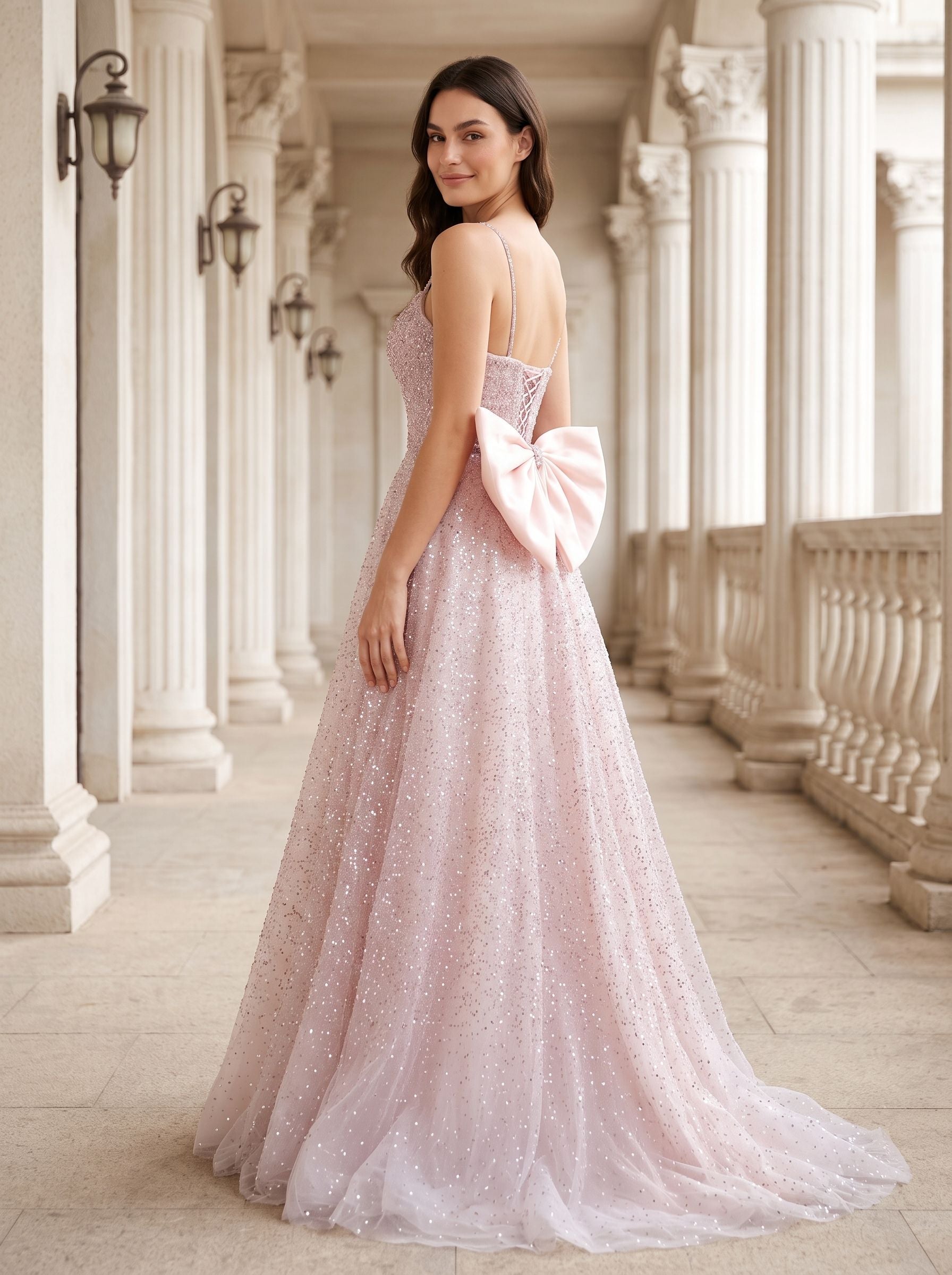 Blushing Pink Sequins A-Line Square Neck Bow Floor-Length Dress with Spaghetti Straps - Curvevia