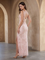 Blushing Pink Sequins Sheath V-Neck V-Back Floor-Length Dress with High Slit - Curvevia