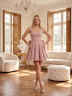 Petal Sequins A-Line Square Neck Back Zip Short Dress with an Oversized Accent - Curvevia