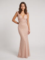 Petal Sequins Mermaid V-Neck Back Zip Floor-Length Dress with Pleating - Curvevia
