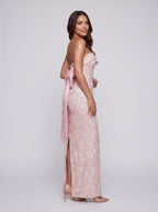 Petal Sequins column Straight Neck Bow Floor-Length Dress with Slit - Curvevia