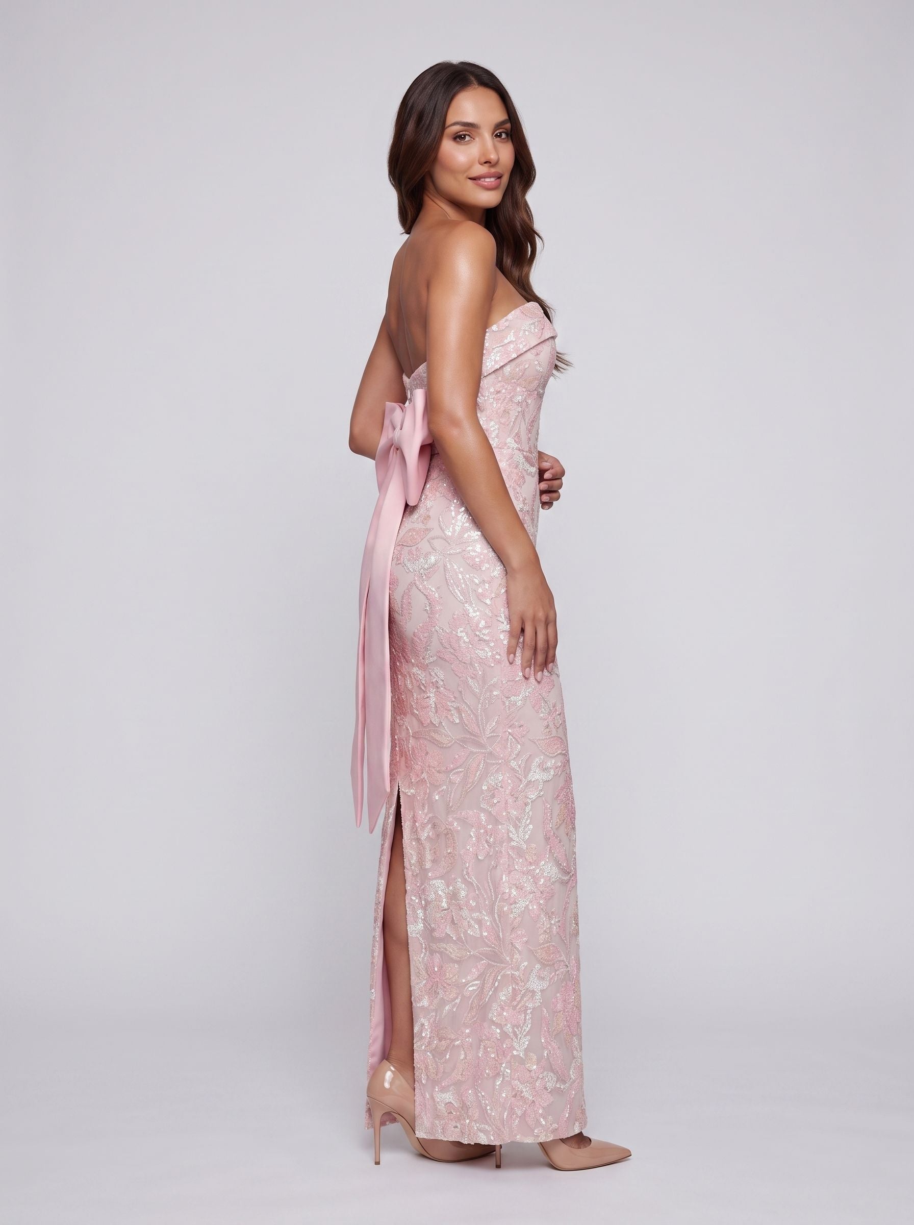 Petal Sequins column Straight Neck Bow Floor-Length Dress with Slit - Curvevia