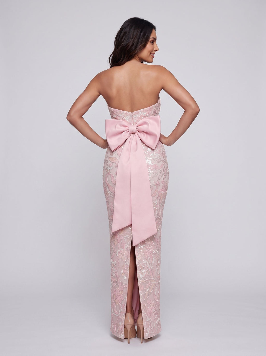 Petal Sequins column Straight Neck Bow Floor-Length Dress with Slit - Curvevia