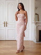 Petal Sequins column Straight Neck Bow Floor-Length Dress with Slit - Curvevia