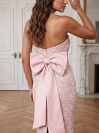 Petal Sequins column Straight Neck Bow Floor-Length Dress with Slit - Curvevia