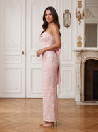 Petal Sequins column Straight Neck Bow Floor-Length Dress with Slit - Curvevia