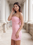 Petal Sequins Sheath Square Neck Back Zip Short Dress - Curvevia