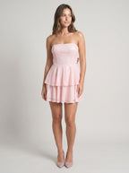 Blushing Pink Sequins A-Line Straight Neck Bow Short Dress - Curvevia